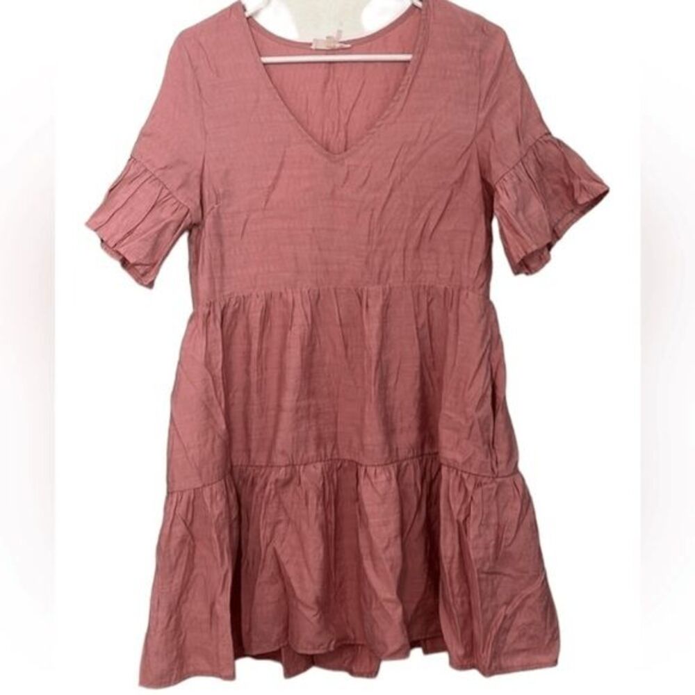 Entro Pink Tiered Ruffly Layered V Neck Babydoll Dress